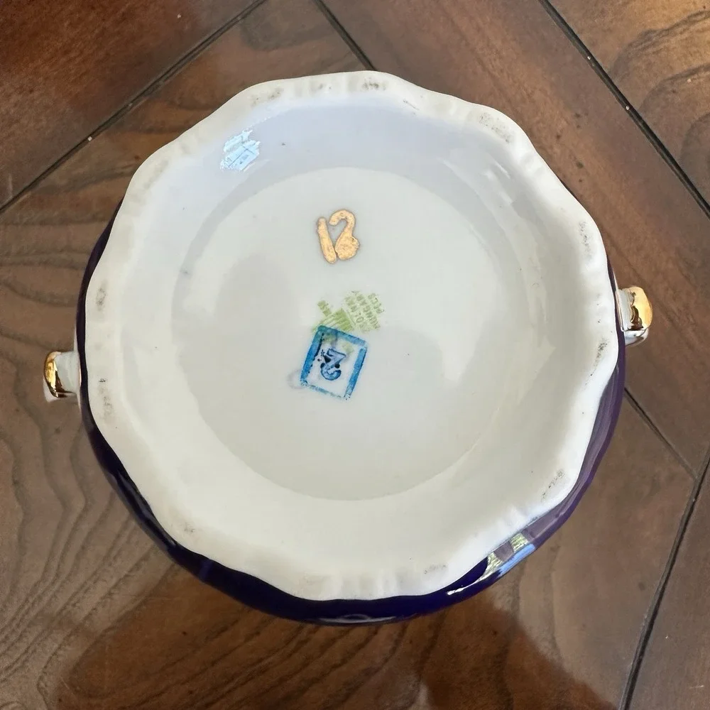 Zsolnay Hungary Pompadour III‎ Demitasse Sugar Bowl 4.25 Inch Blue 18kt Gilded